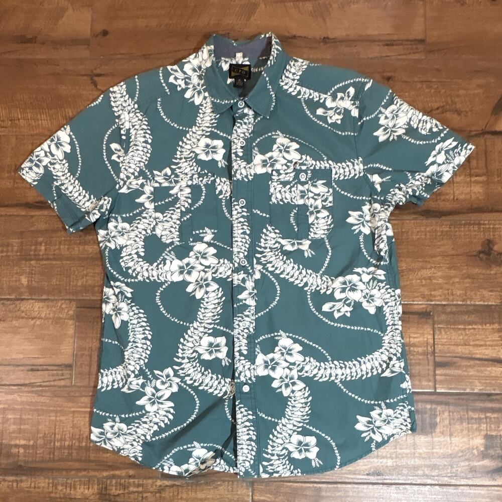 CPO Men's Blue/White Hawaiian Floral Short Sleeve Cotton Shirt Pockets